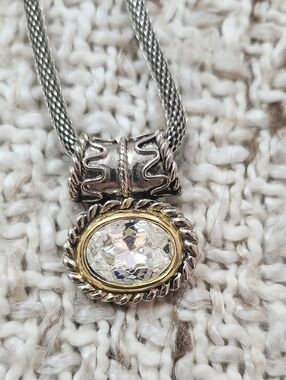 Elegant Silver Tone Mesh Chain Necklace with Sparkling Oval Crystal Pendant